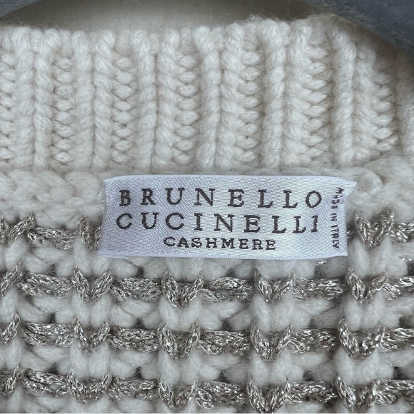 BRUNELLO CUCINELLI WOMEN LUREX STRIPPED WOOL CASHMERE SWEATER BEIGE XXL - Picture 10 of 11